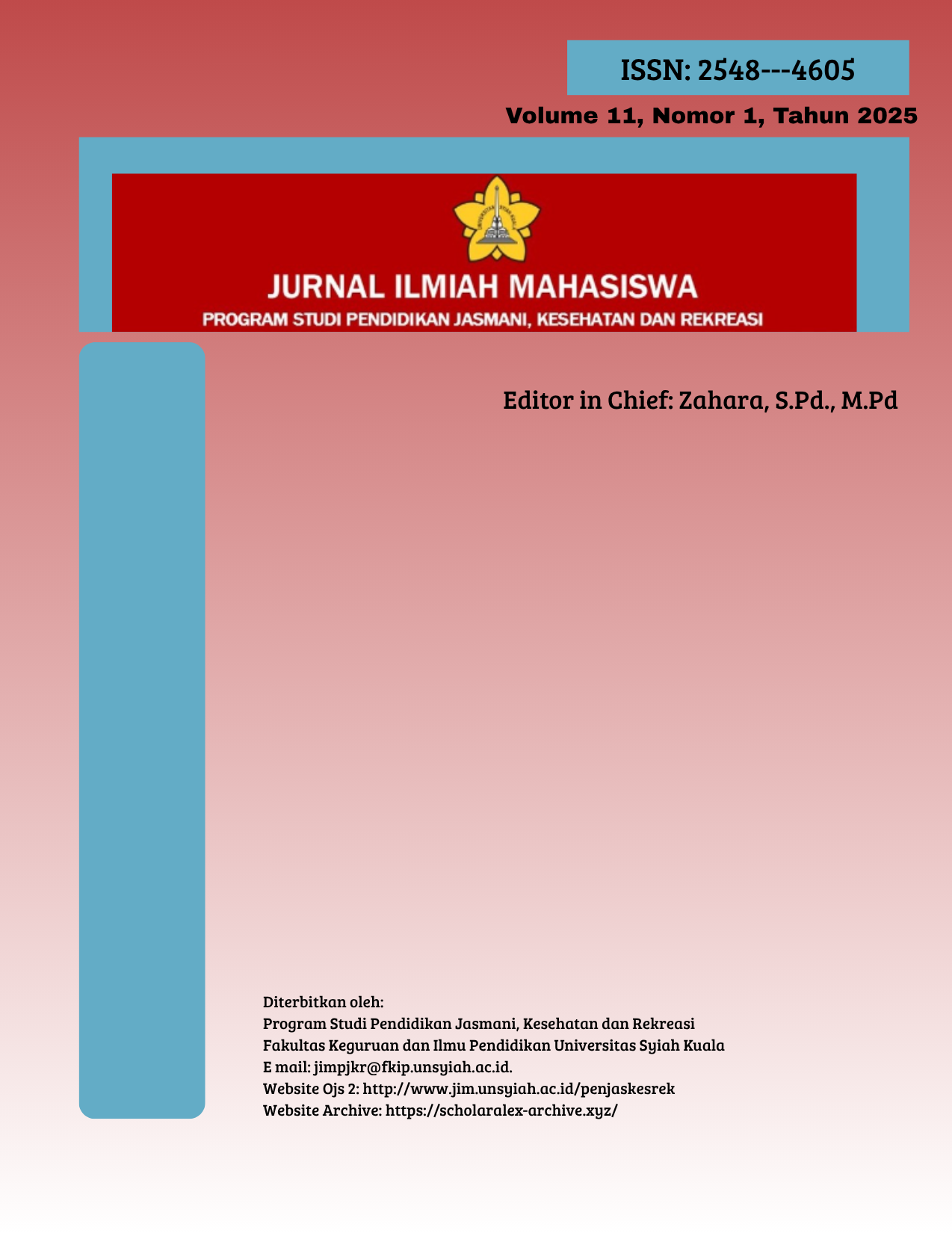 					View Vol. 11 No. 1 (2025): Jurnal Ilmiah Mahasiswa Pendidikan Jasmani, Kesehatan dan Rekreasi
				